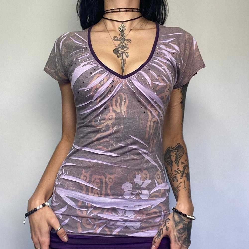 Y2K Vanity Purple Feather Print Rhinestone V Neck Top Fairy Grunge Mall Goth S